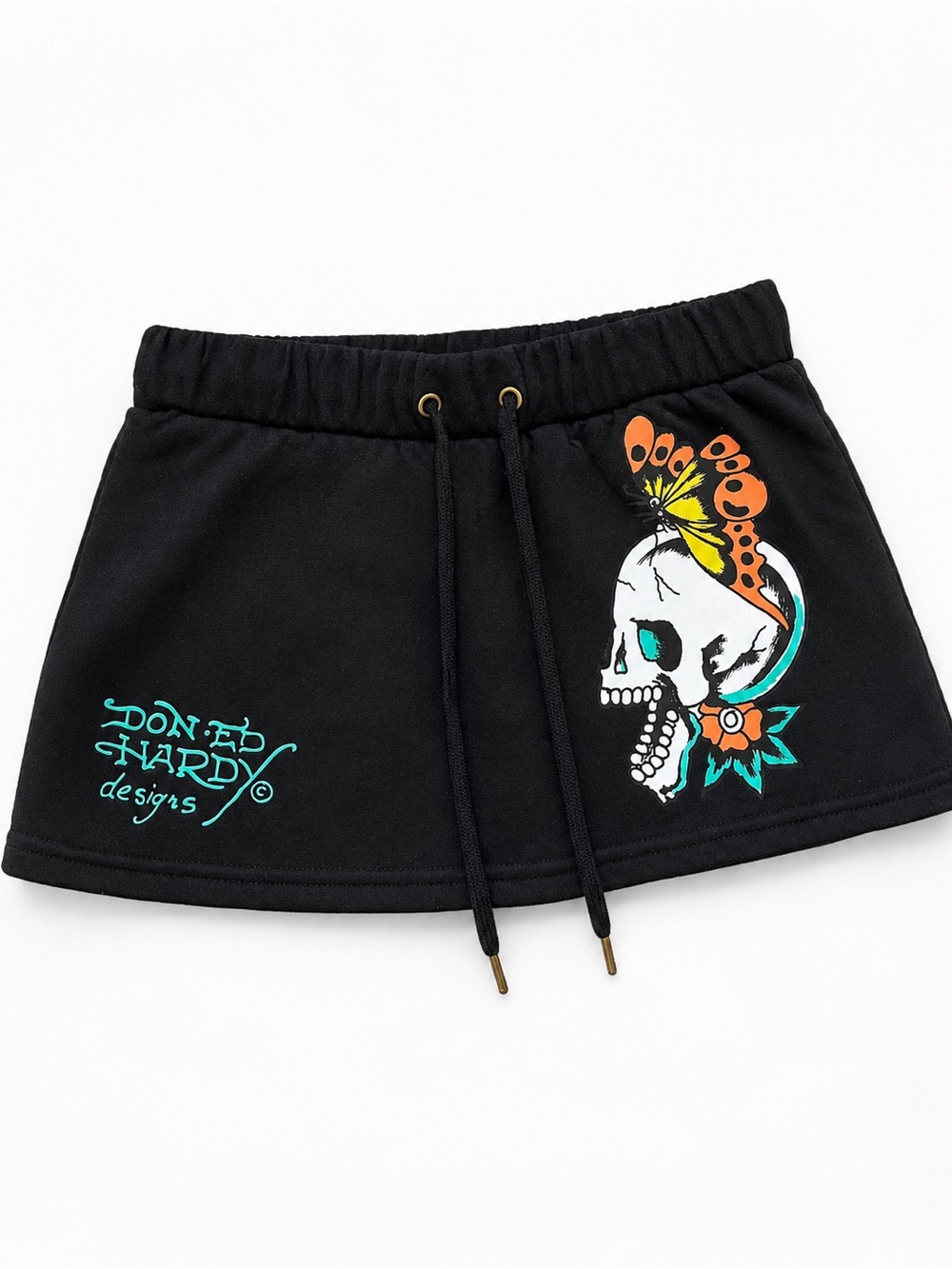 Ed Hardy Black Skirt with Skull, Butterfly & Teal Accents
